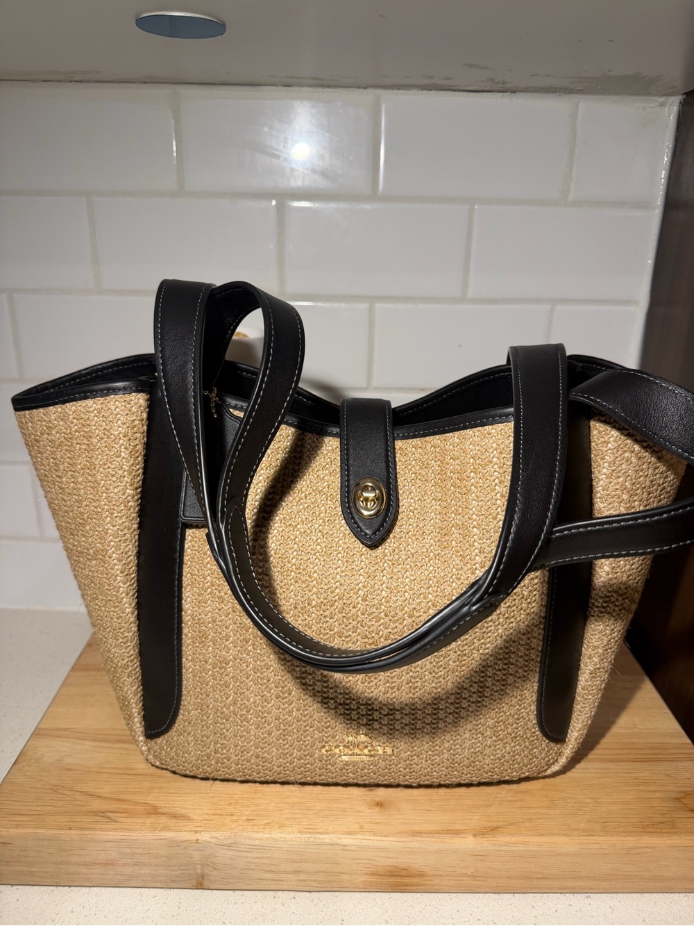 COACH Hadley Turn Lock Tote Bag Toast / Black Straw Smooth Leather - Picture 4 of 14